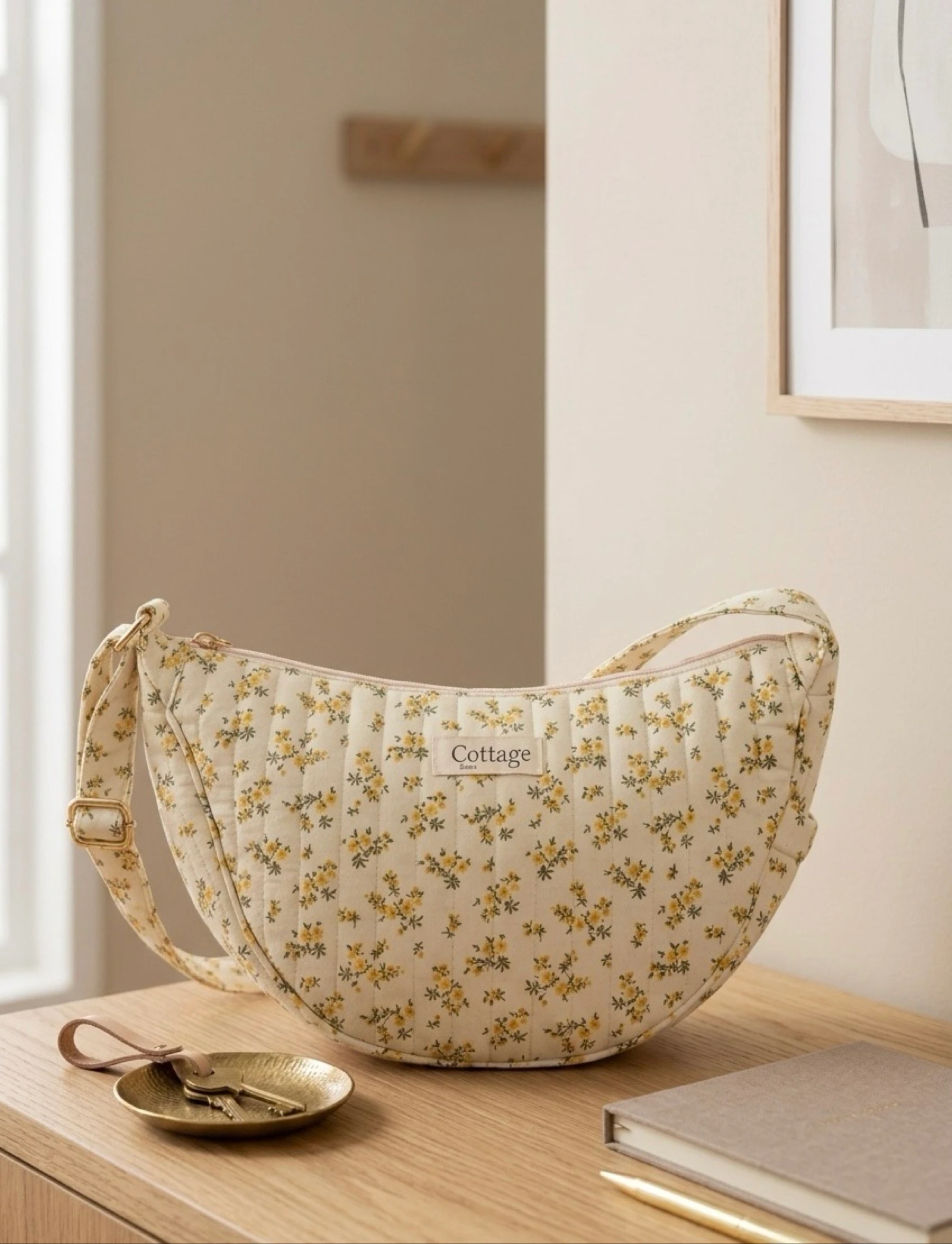 Sac Lune 100% Coton Matelassé Collection Cottage & Bag / Modèle Bouquets Jaune